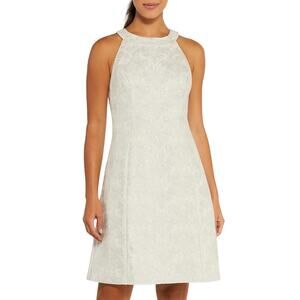 Ann Taylor Ivory Metallic Floral Jacquard Print Sleeveless A-Line Halter Dress 2